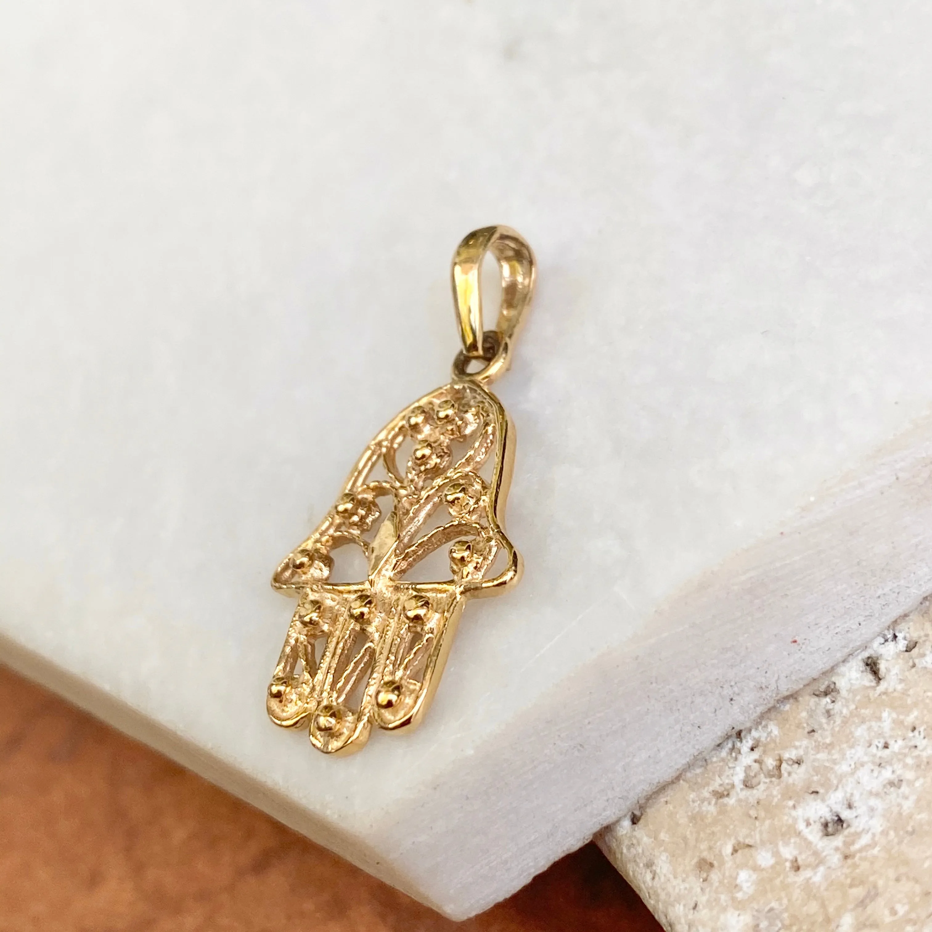 14KT Yellow Gold Beaded Filigree "Hand of Fatima" Hamsa Chamseh Pendant
