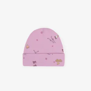 Bonnet lavande à motif de skis en coton biologique, naissance || Lavender hat with a skiing theme in organic cotton, newborn
