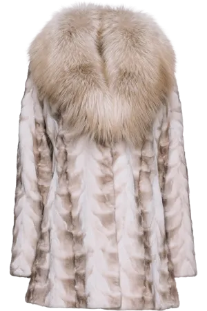 Brushed Silver Sheared Mink Sections Fur Jacket - Fox Collar