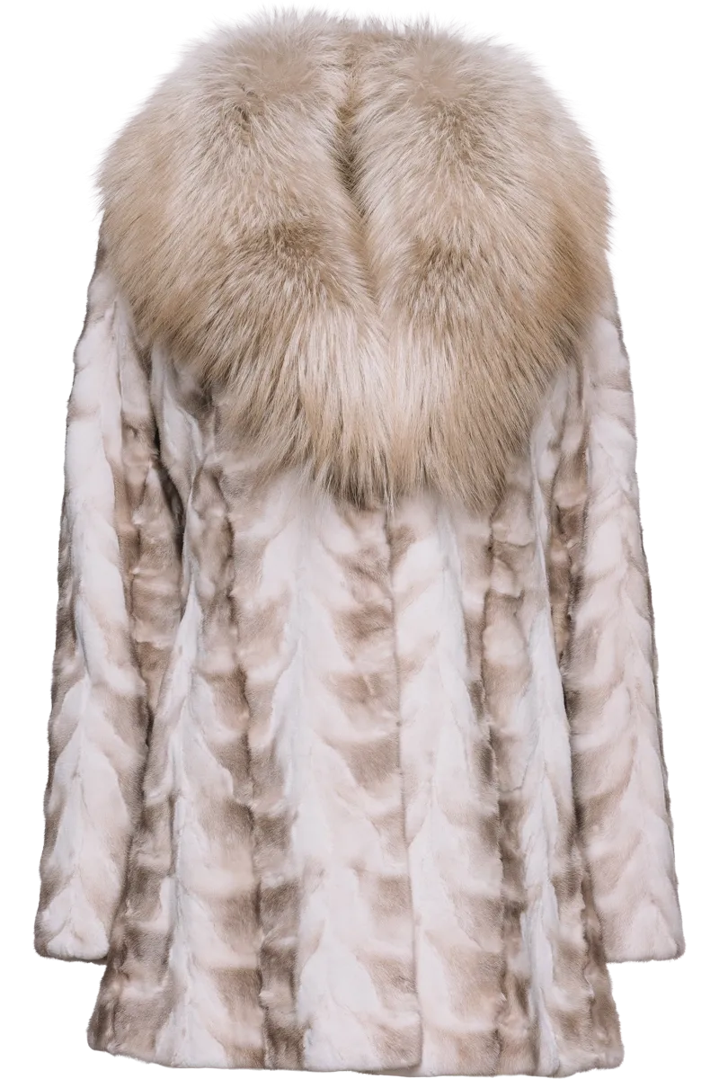 Brushed Silver Sheared Mink Sections Fur Jacket - Fox Collar