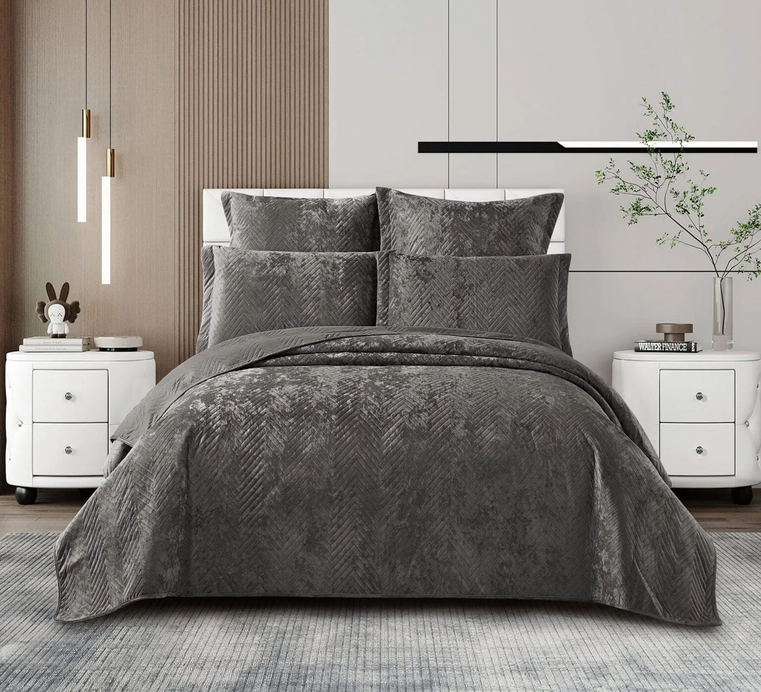 Cotton Co Berlin Queen Velvet Frost Reversible Luxury Quilt 5 Piece Grey BRG05