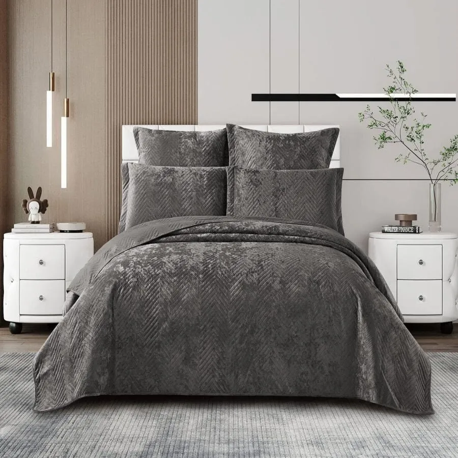 Cotton Co Berlin Queen Velvet Frost Reversible Luxury Quilt 5 Piece Grey BRG05