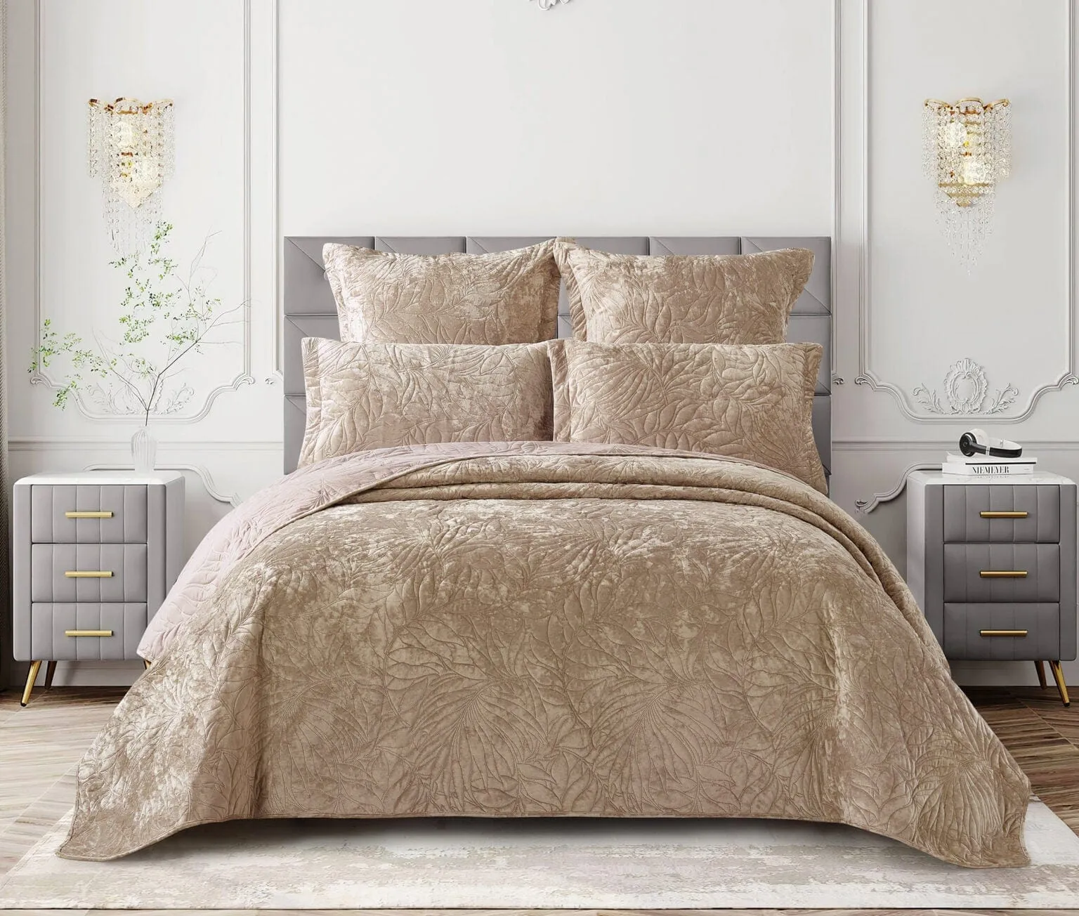 Cotton Co Oslo Queen Velvet Frost Reversible Luxury Quilt 5 Piece Beige OSB04