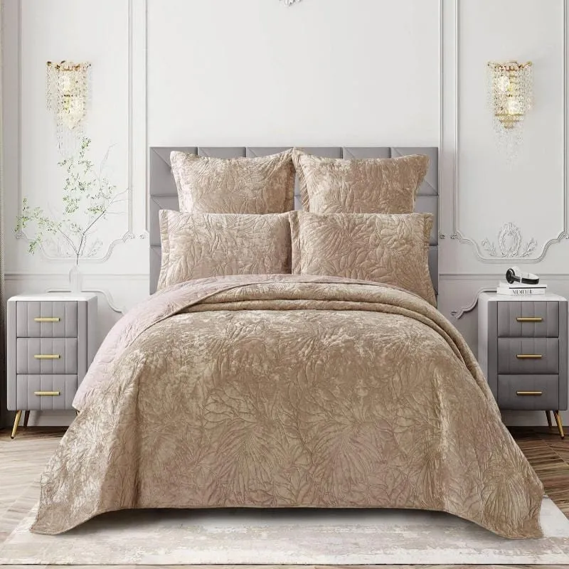 Cotton Co Oslo Queen Velvet Frost Reversible Luxury Quilt 5 Piece Beige OSB04