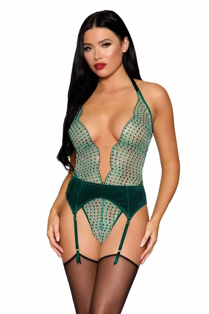 Elegant Sequin Scallop Teddy with Velvet Garter