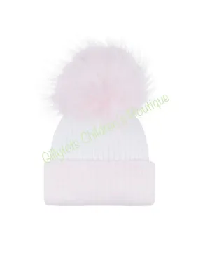 First Size Baby Girls luxury Faux Fur single Pom Hat - white/pink trim