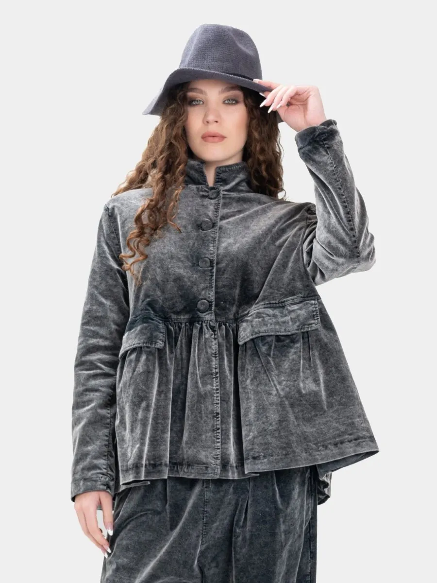 Gathered Velvet Jacket with Flap Pockets