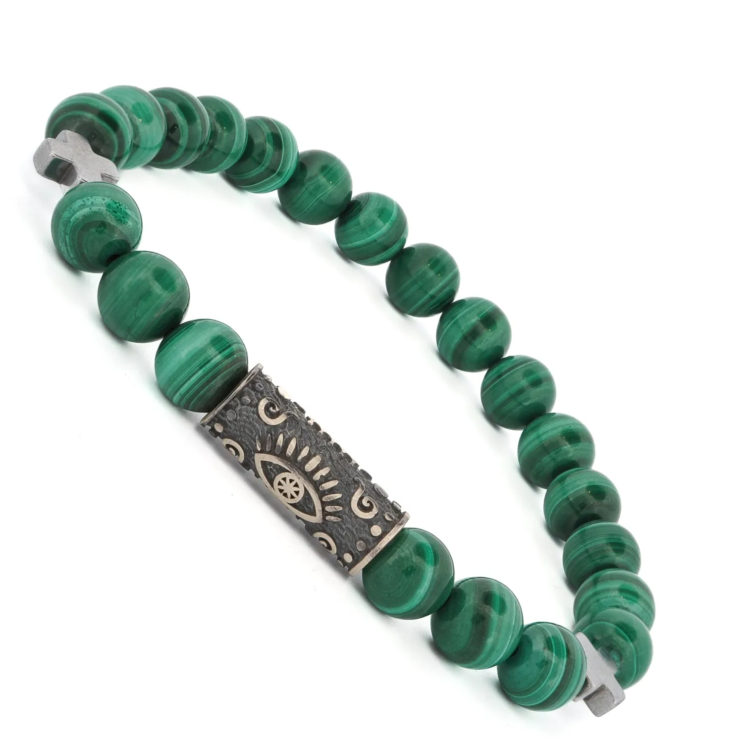Green Malachite & Sterling Silver Unique Evil Eye Symbol Beaded Bracelet