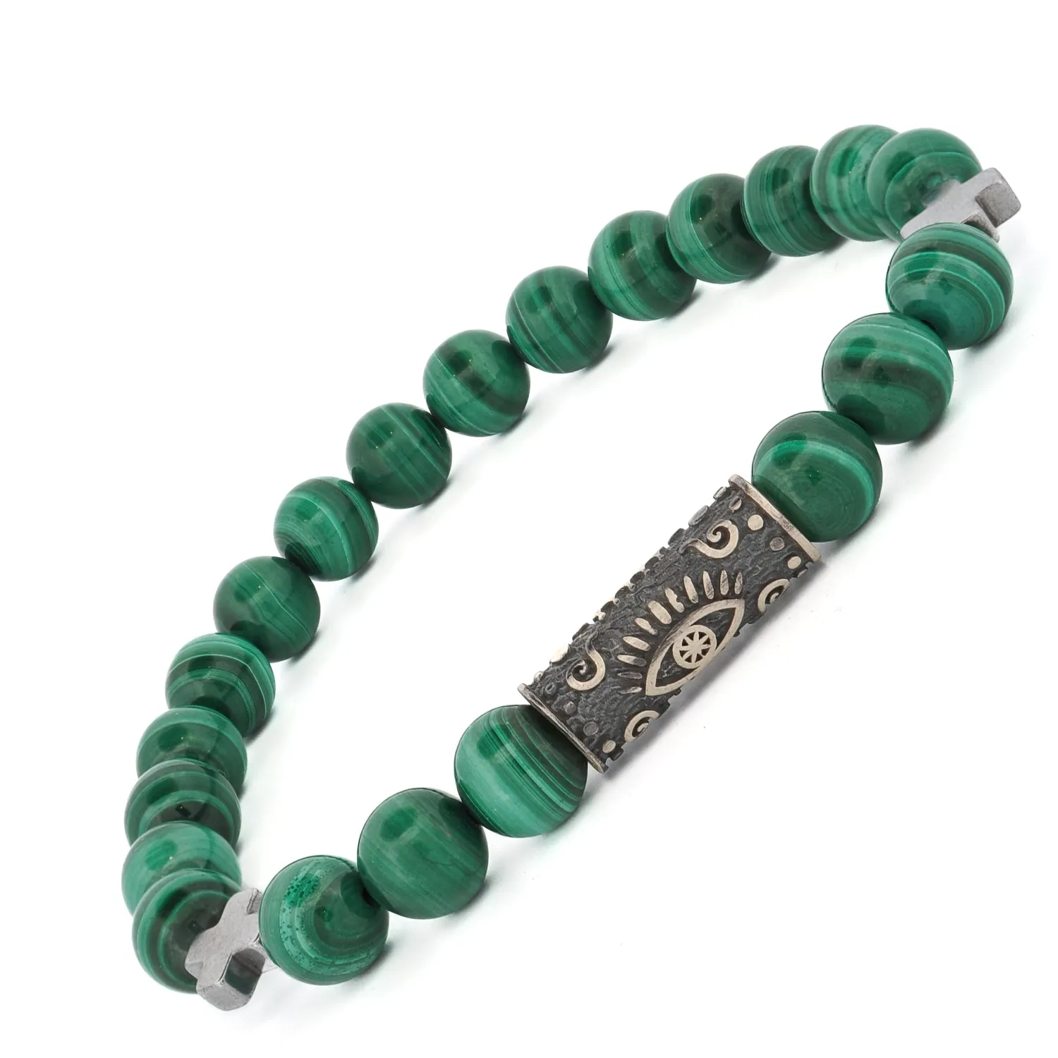 Green Malachite & Sterling Silver Unique Evil Eye Symbol Beaded Bracelet