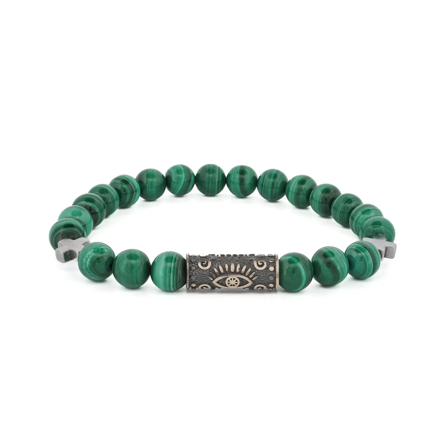 Green Malachite & Sterling Silver Unique Evil Eye Symbol Beaded Bracelet