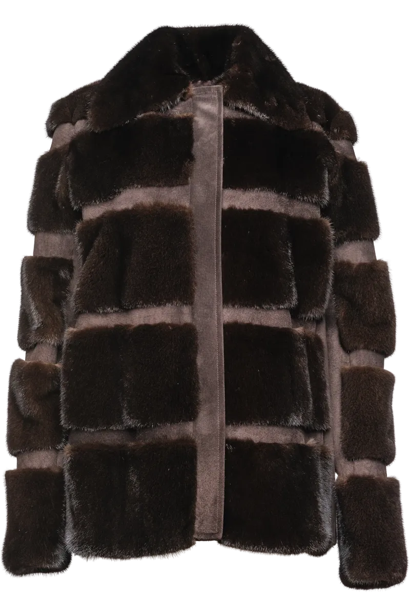 Horizontal Mahogany Mink Lodge Fur Jacket - Suede Inserts