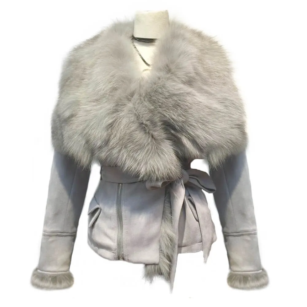 Luxury Suede Real Fox Fur Collar Coat