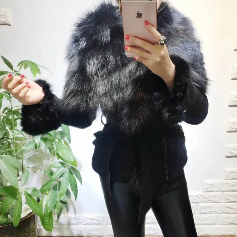 Luxury Suede Real Fox Fur Collar Coat
