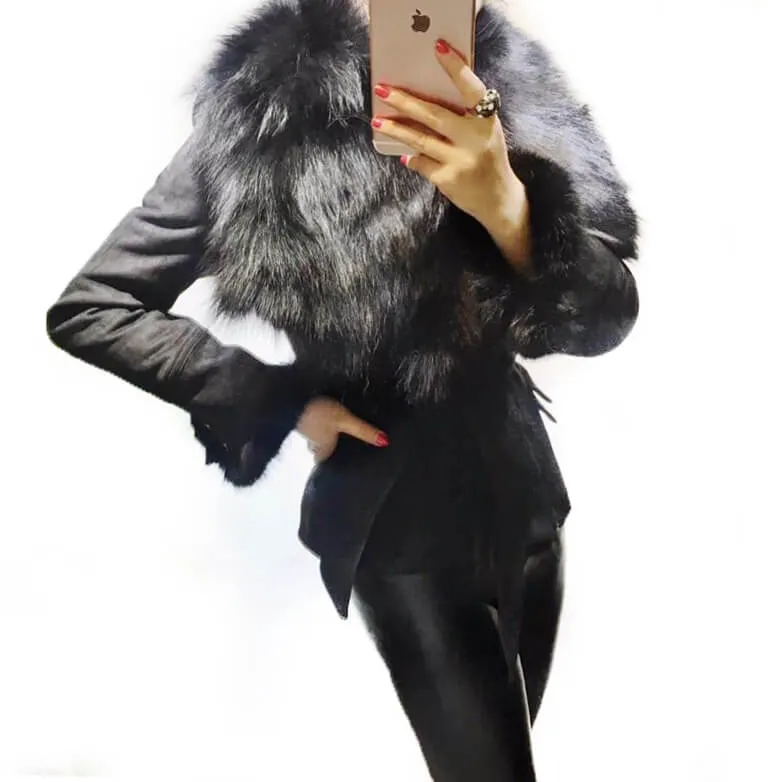 Luxury Suede Real Fox Fur Collar Coat