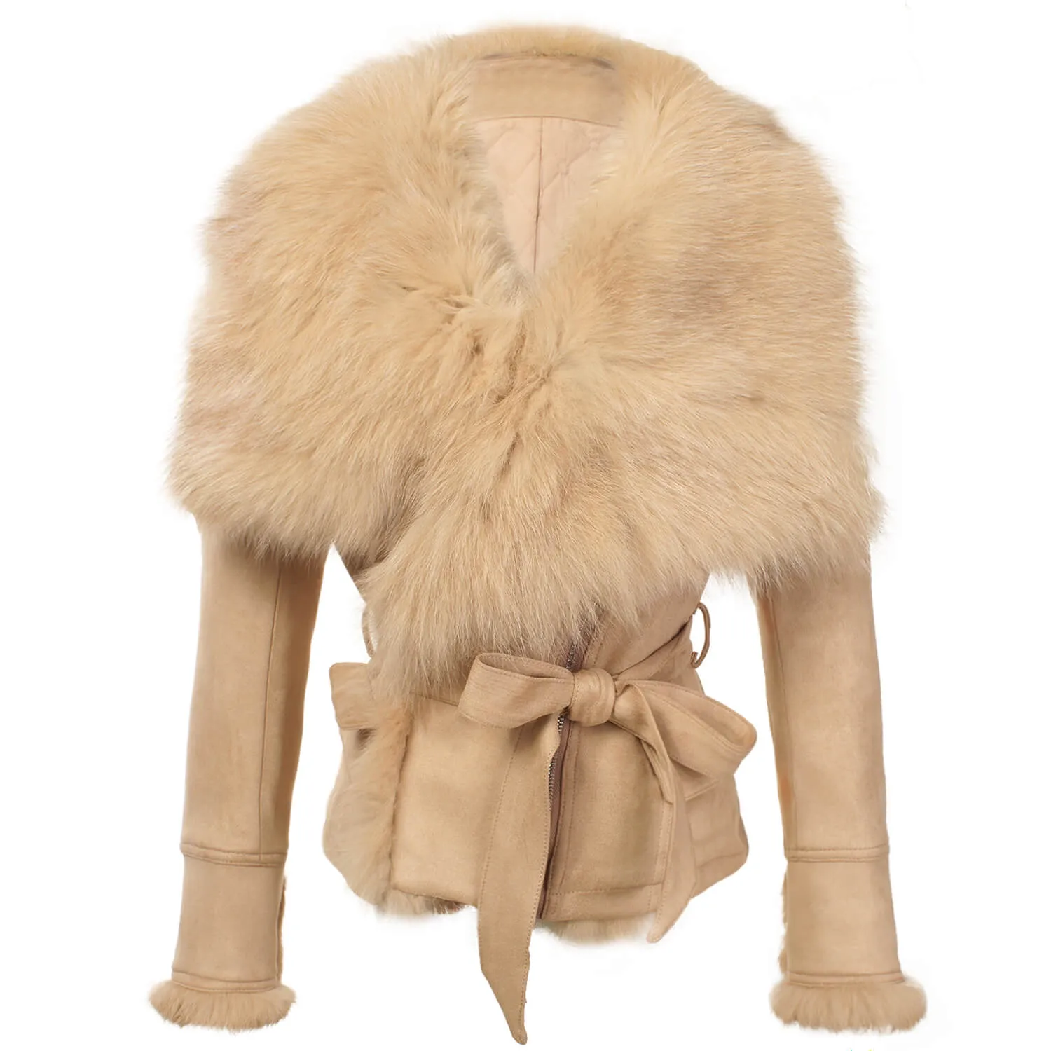 Luxury Suede Real Fox Fur Collar Coat