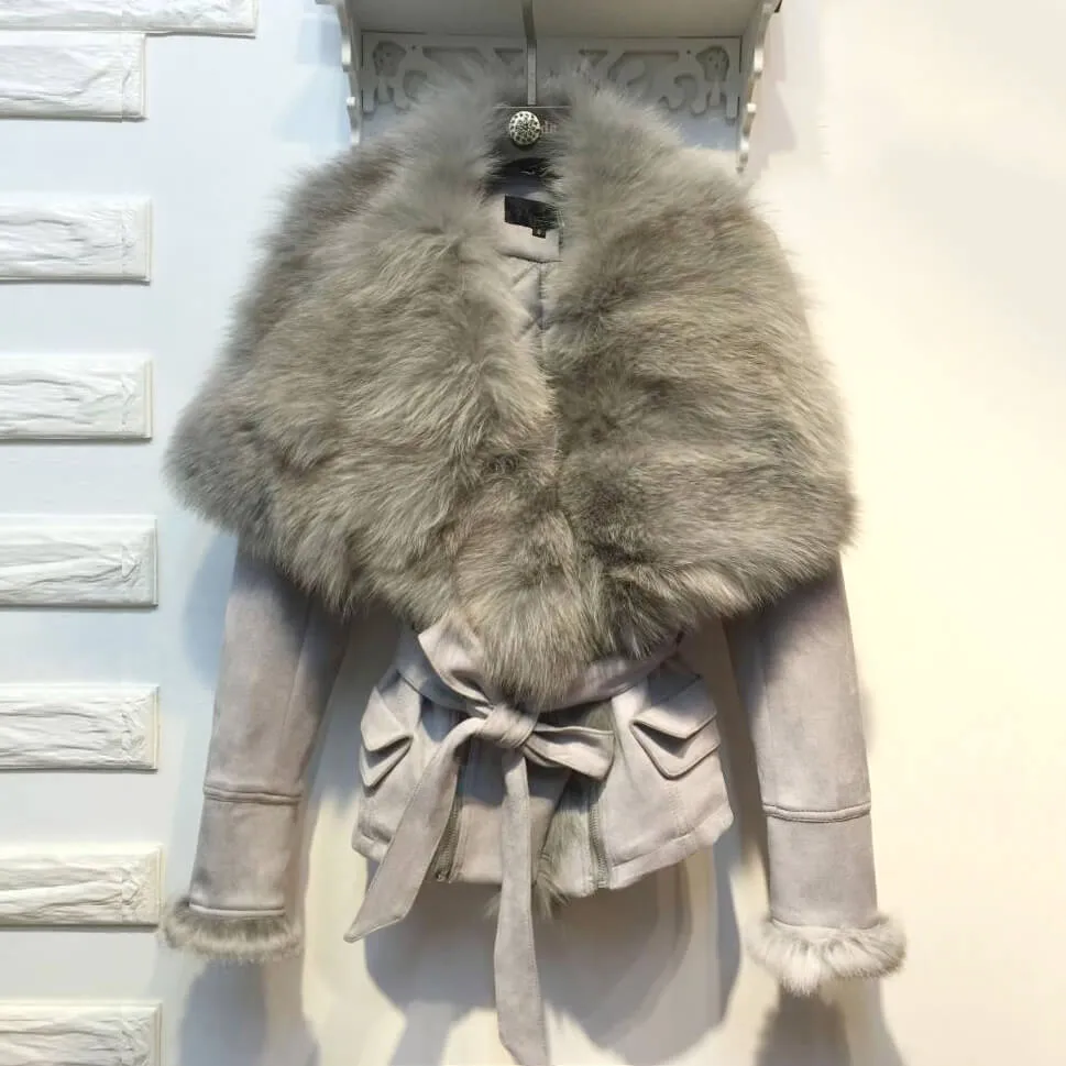 Luxury Suede Real Fox Fur Collar Coat