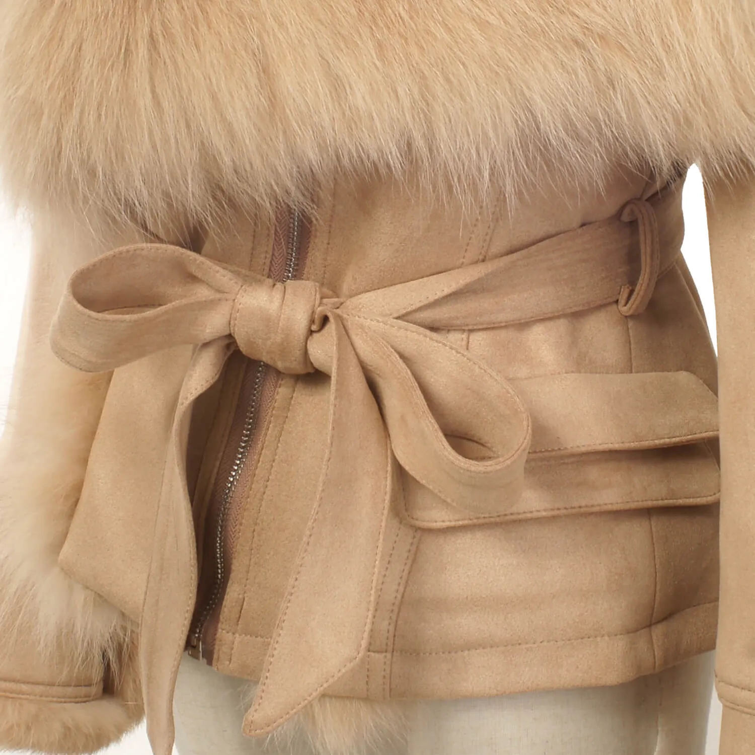 Luxury Suede Real Fox Fur Collar Coat