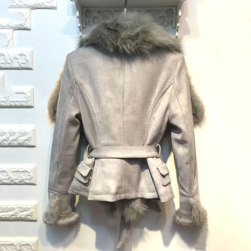 Luxury Suede Real Fox Fur Collar Coat