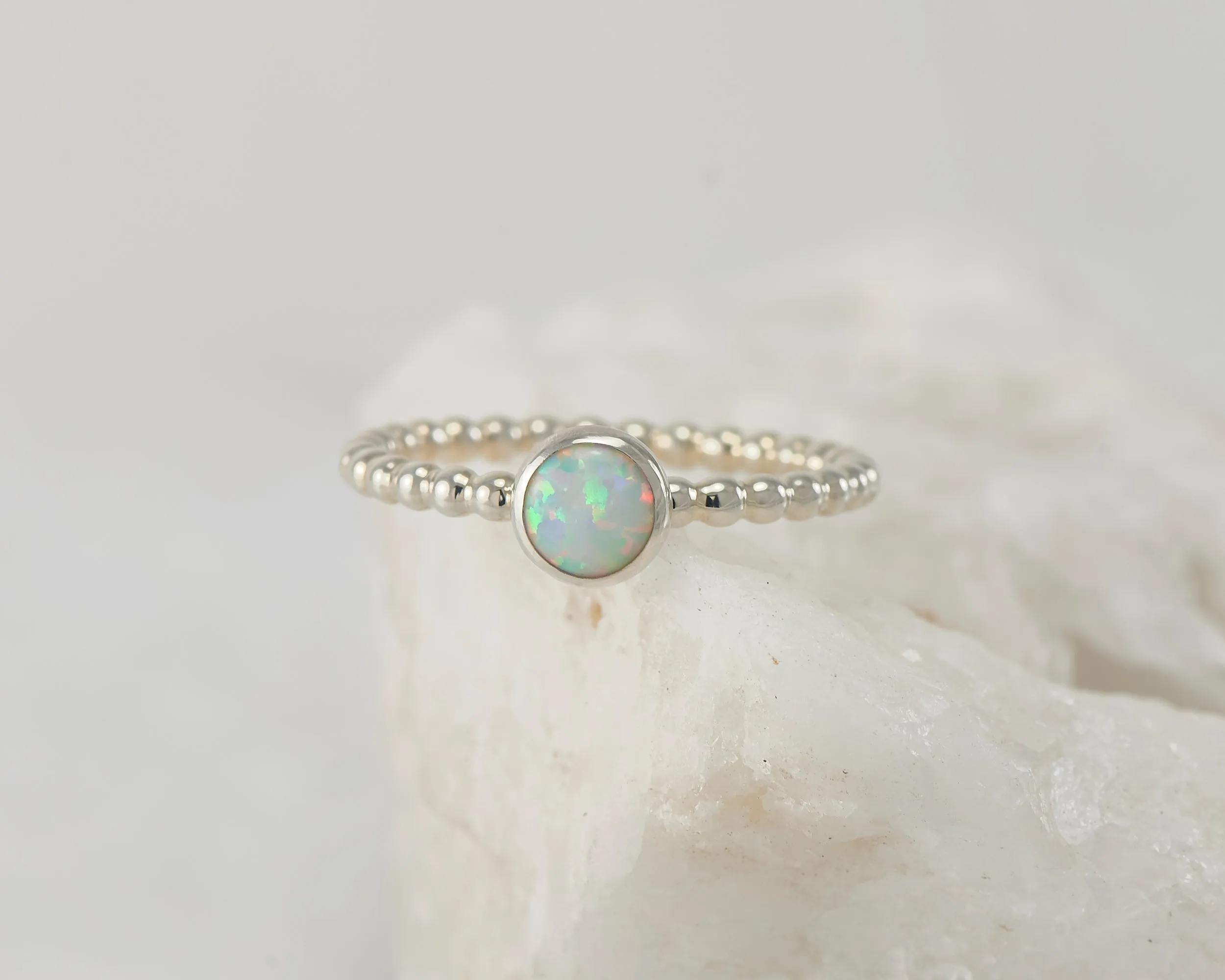 Opal Ring Beaded Silver