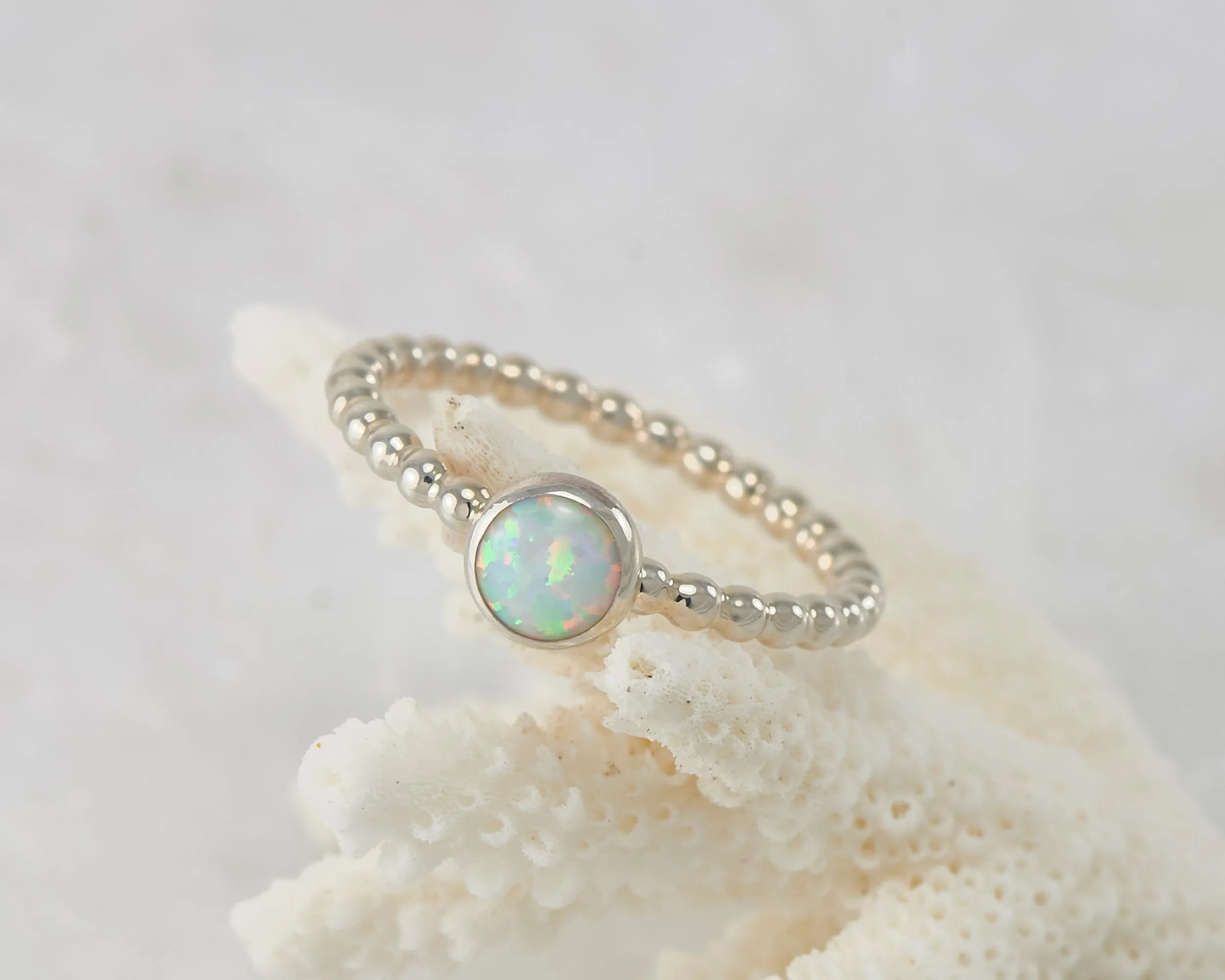 Opal Ring Beaded Silver