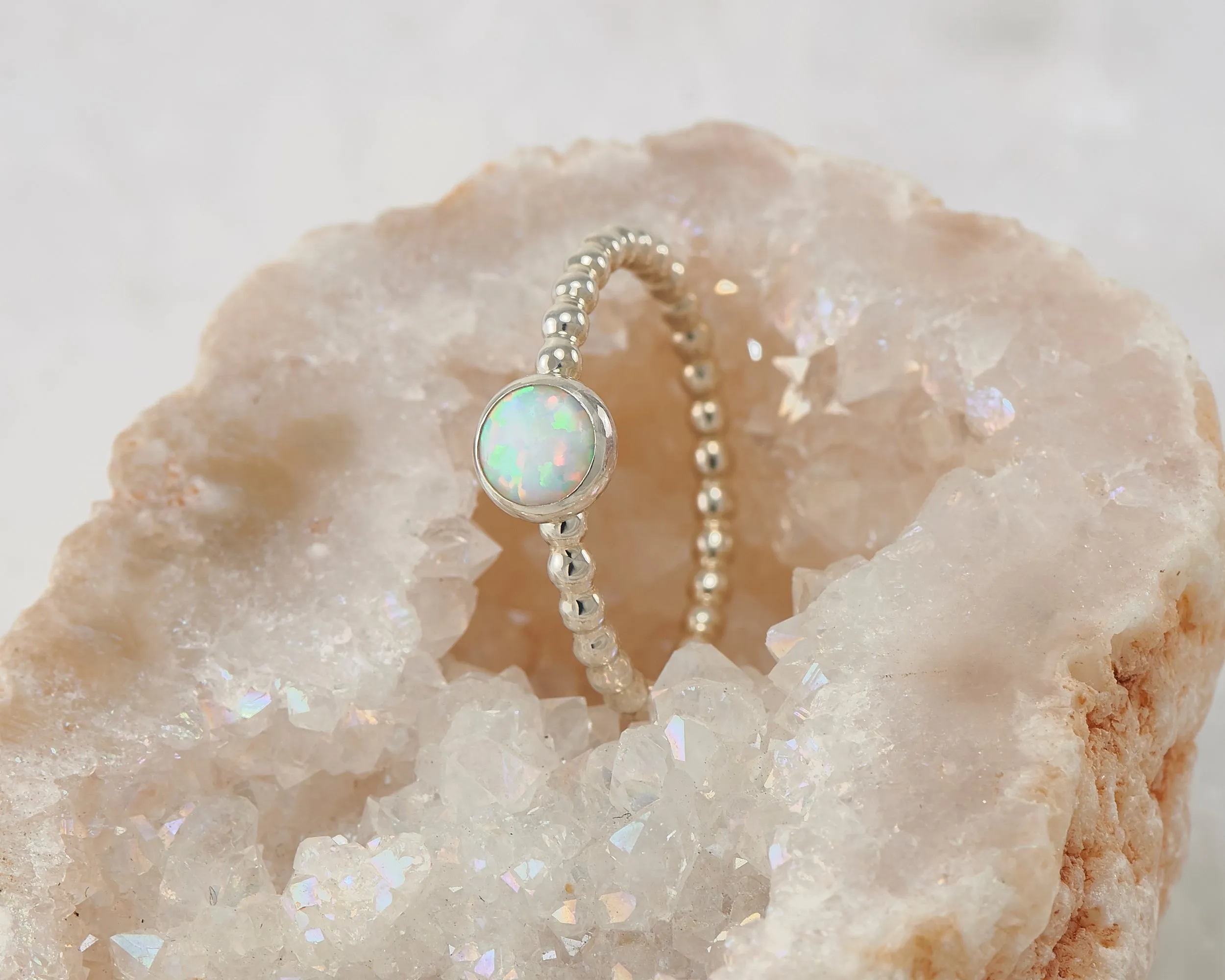 Opal Ring Beaded Silver