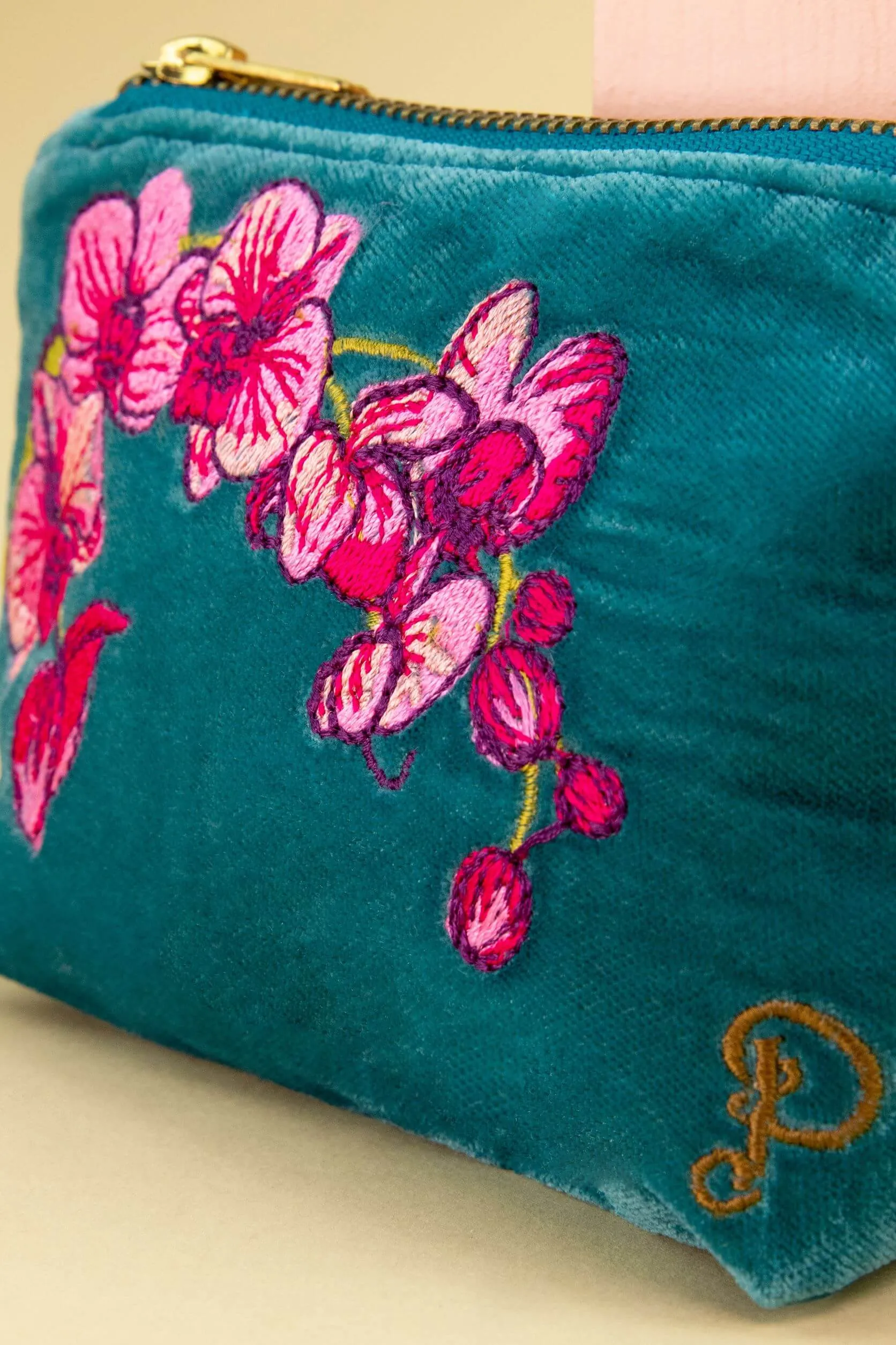 Powder Spring Orchid Mini Velvet Pouch/Purse - Teal