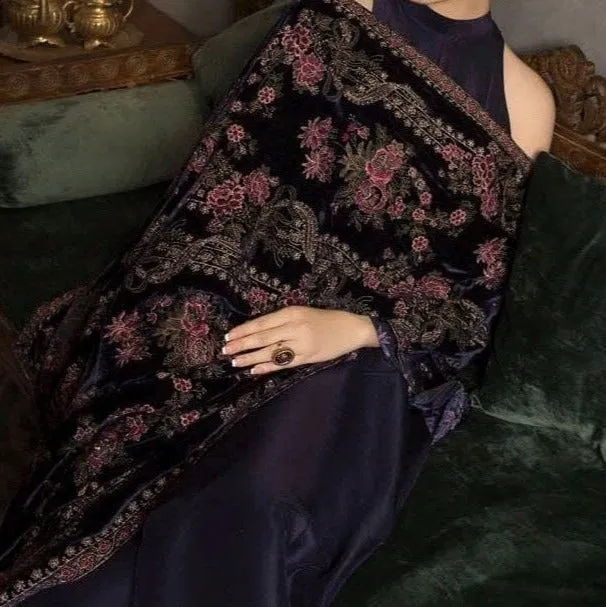 Sarinnah Premium 11 navy blue-Embroided Fine quality Velvet shawl.