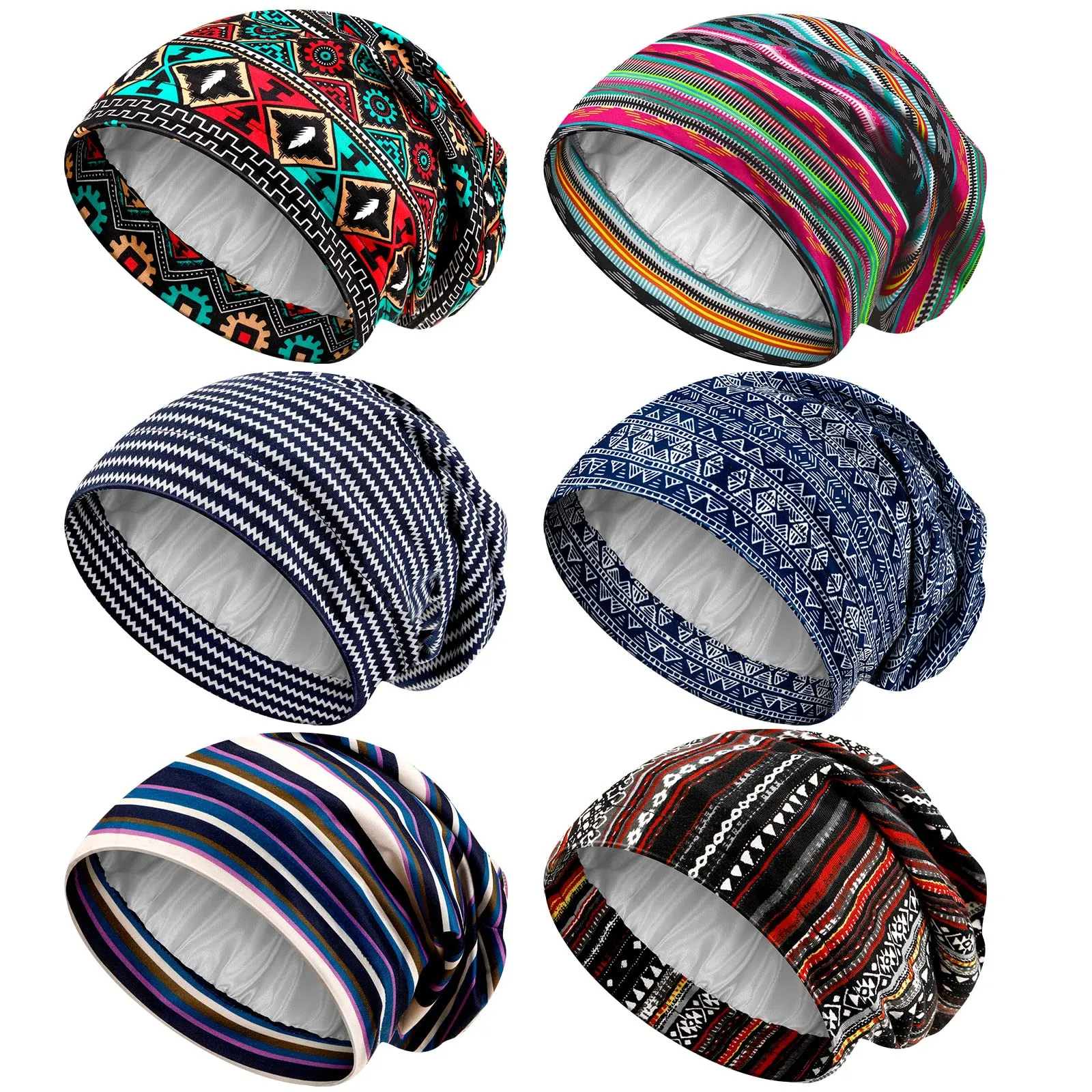 Sintege 6 Pcs Satin Lined Bonnet Sleep Cap for Women Men African Silk Soft Beanie Hair Sleep Wrap for Natural Curly Braids(Retro Patterns)
