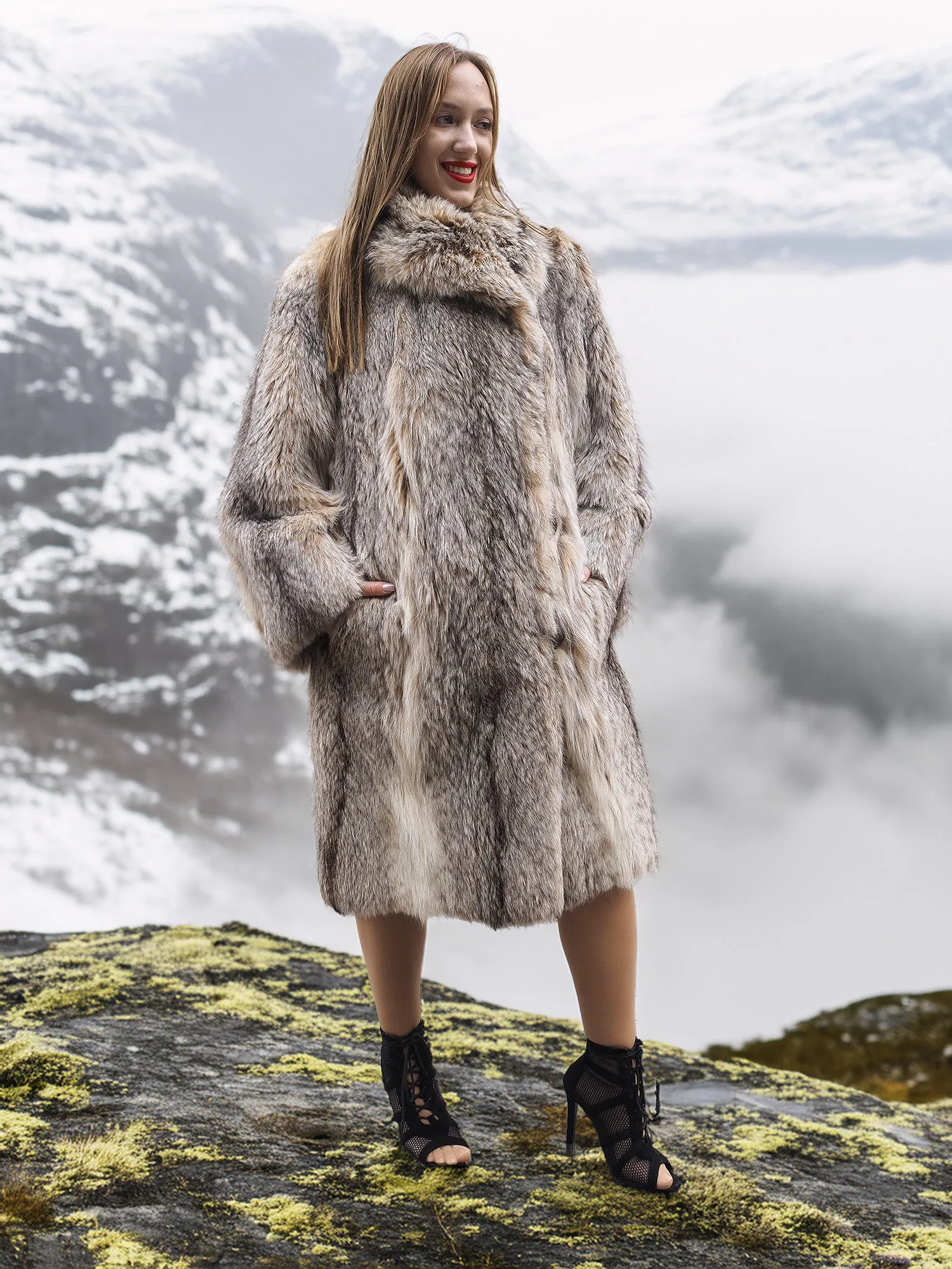 Unisex Soft Plush Fur Coat Large Shawl Collar Vintage M/L
