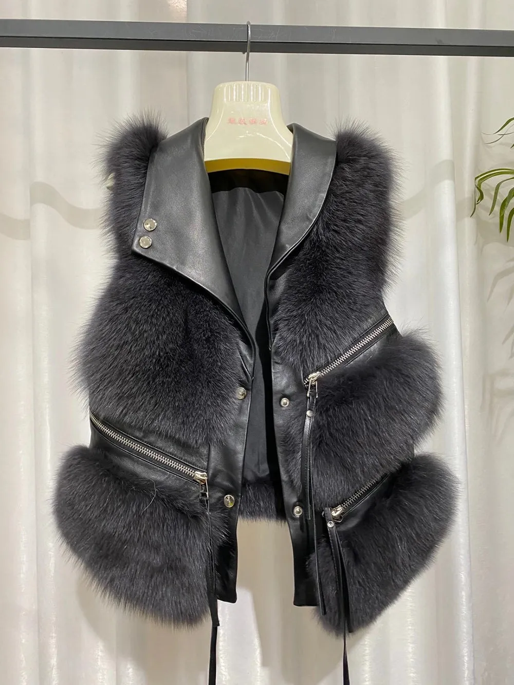 Women Real Fox Fur Vest Genuine Sheepskin Leather Gilets Luxury Waistcoat