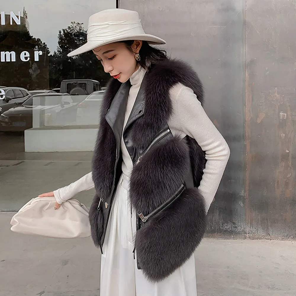 Women Real Fox Fur Vest Genuine Sheepskin Leather Gilets Luxury Waistcoat