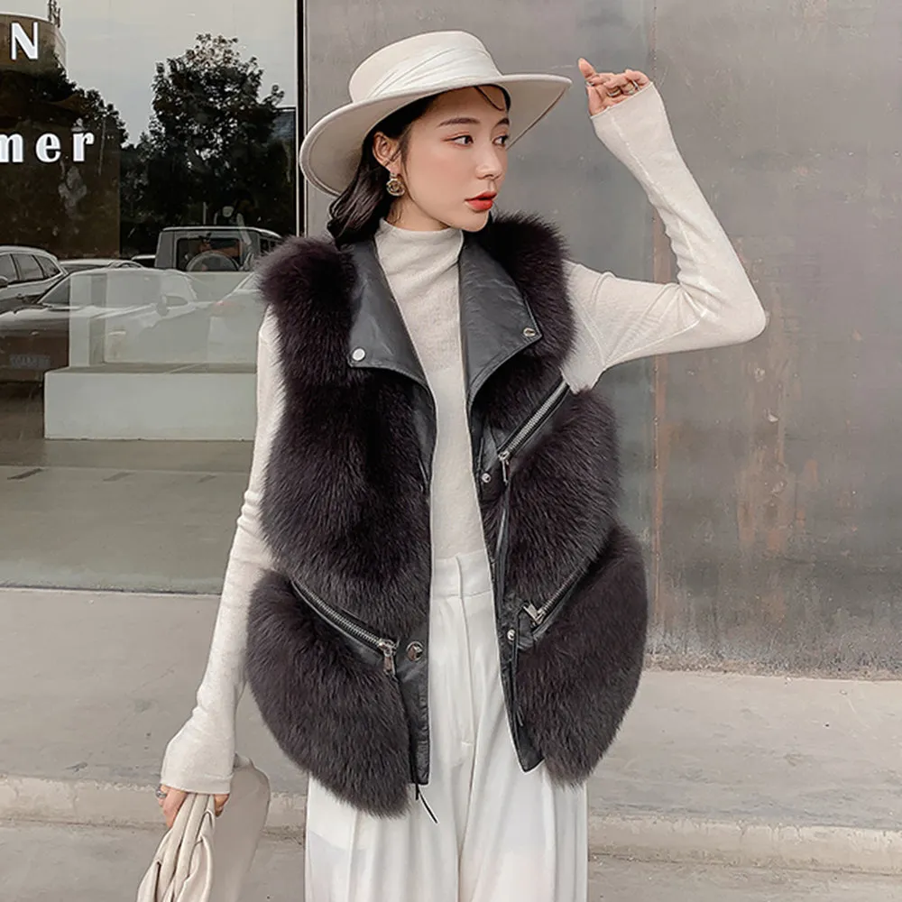 Women Real Fox Fur Vest Genuine Sheepskin Leather Gilets Luxury Waistcoat
