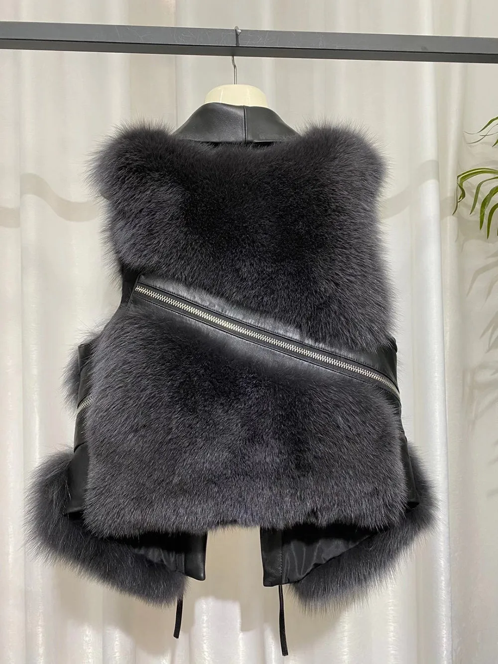 Women Real Fox Fur Vest Genuine Sheepskin Leather Gilets Luxury Waistcoat