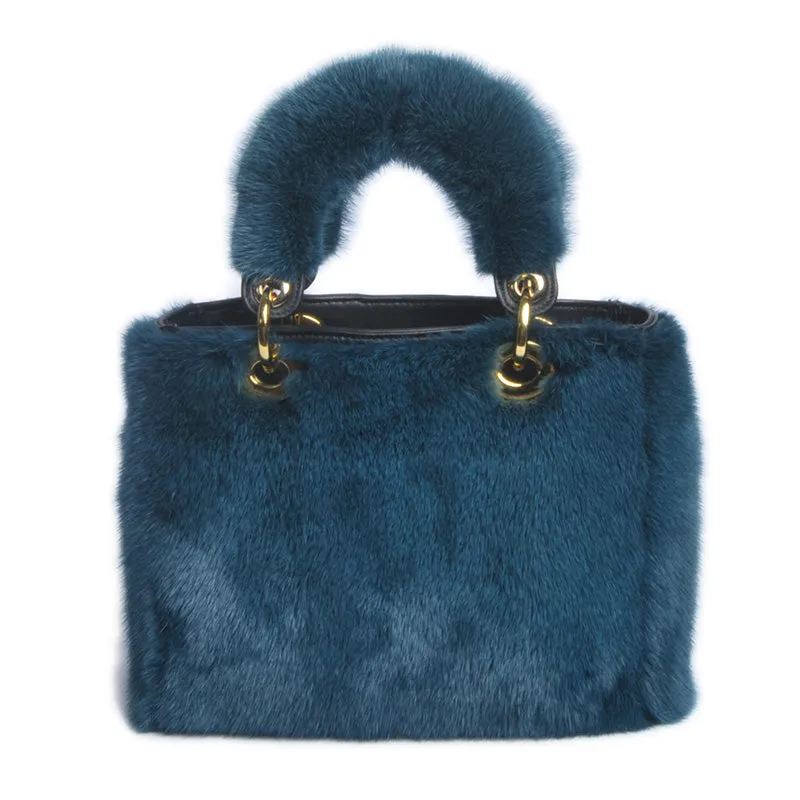 Women's Luxury Real Mink Fur Hand Bags Fashion Style Lady Tote Lovely Natural Fur Handbag 8919