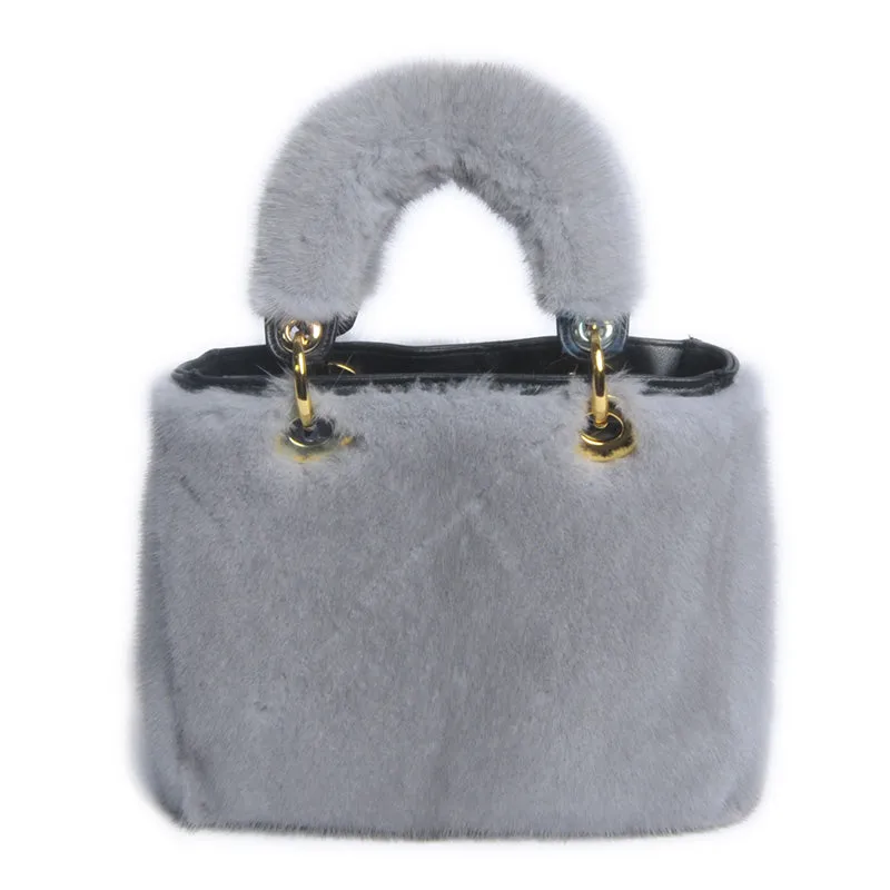 Women's Luxury Real Mink Fur Hand Bags Fashion Style Lady Tote Lovely Natural Fur Handbag 8919